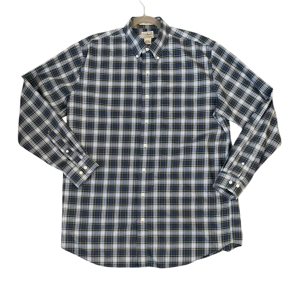 LL Bean Mens Large Tall Traditional Fit Plaid Button Down Shirt Green Blue